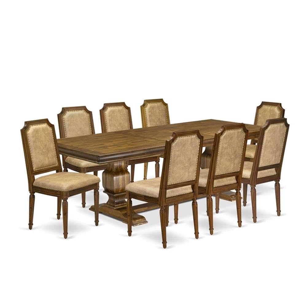 9-Piece Acacia Wood Dining Set with Beige PU Leather Chairs B120