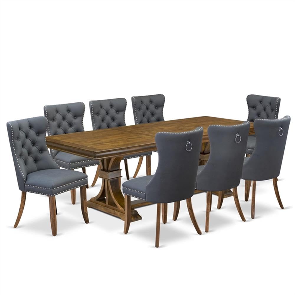 9-Piece Acacia Wood Dining Set with Gray Faux Leather Chairs T55206