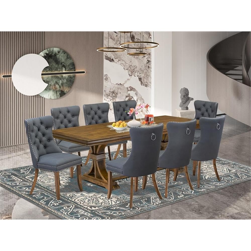 9-Piece Acacia Wood Dining Set with Gray Faux Leather Chairs T55206