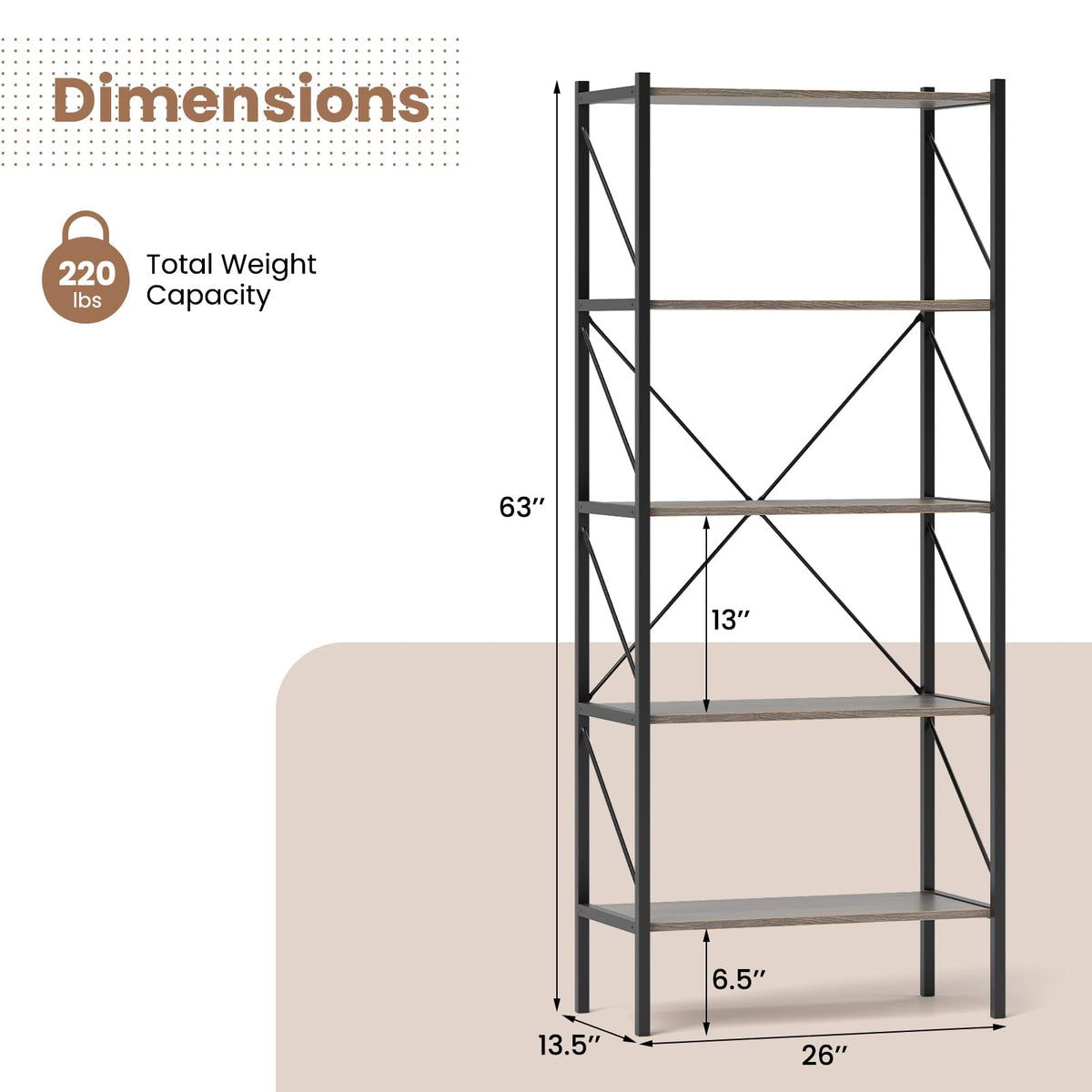 5-Tier Industrial Bookshelf with Open Storage Shelves Y277
