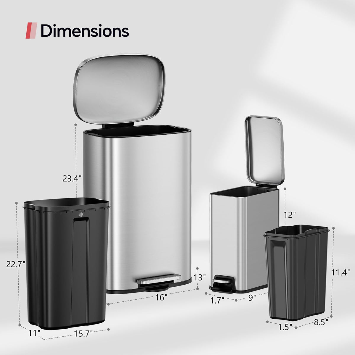 13 Gallon and 1.6 Gallon Stainless Steel Trash Can Set with Lid and Step-on Pedal N14914