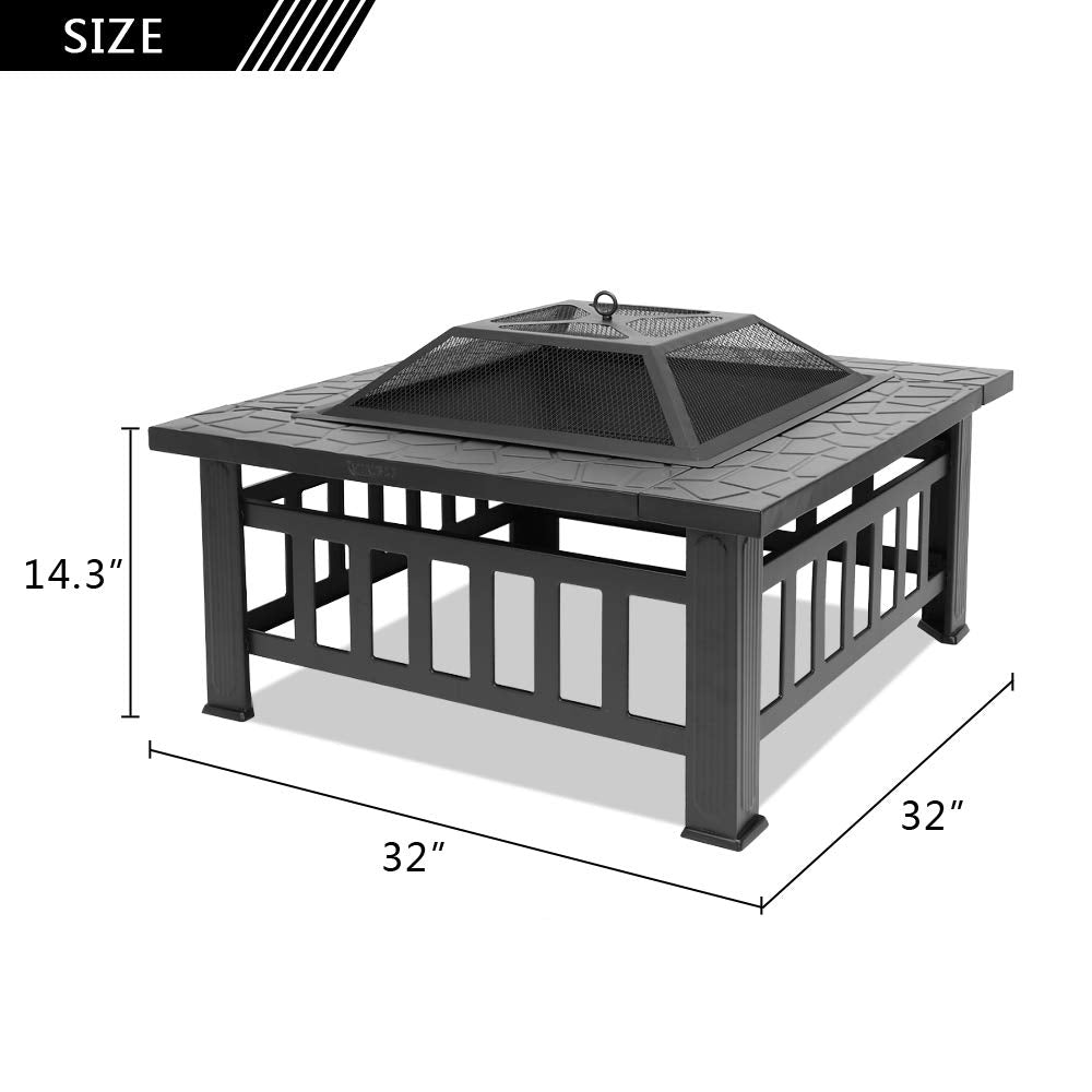 32" Metal Square Fire Pit with Charcoal Rack J2437