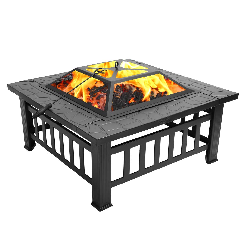 32" Metal Square Fire Pit with Charcoal Rack J2437