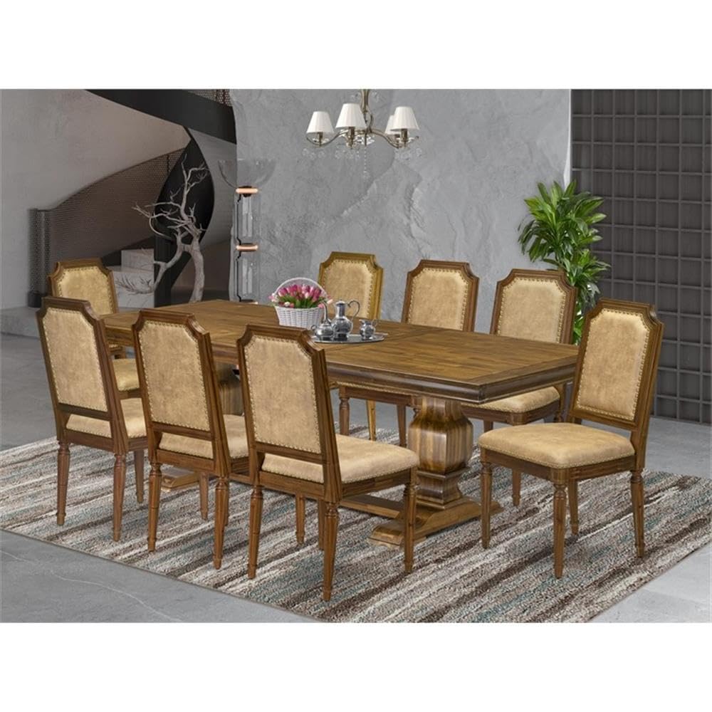 9-Piece Acacia Wood Dining Set with Beige PU Leather Chairs B120