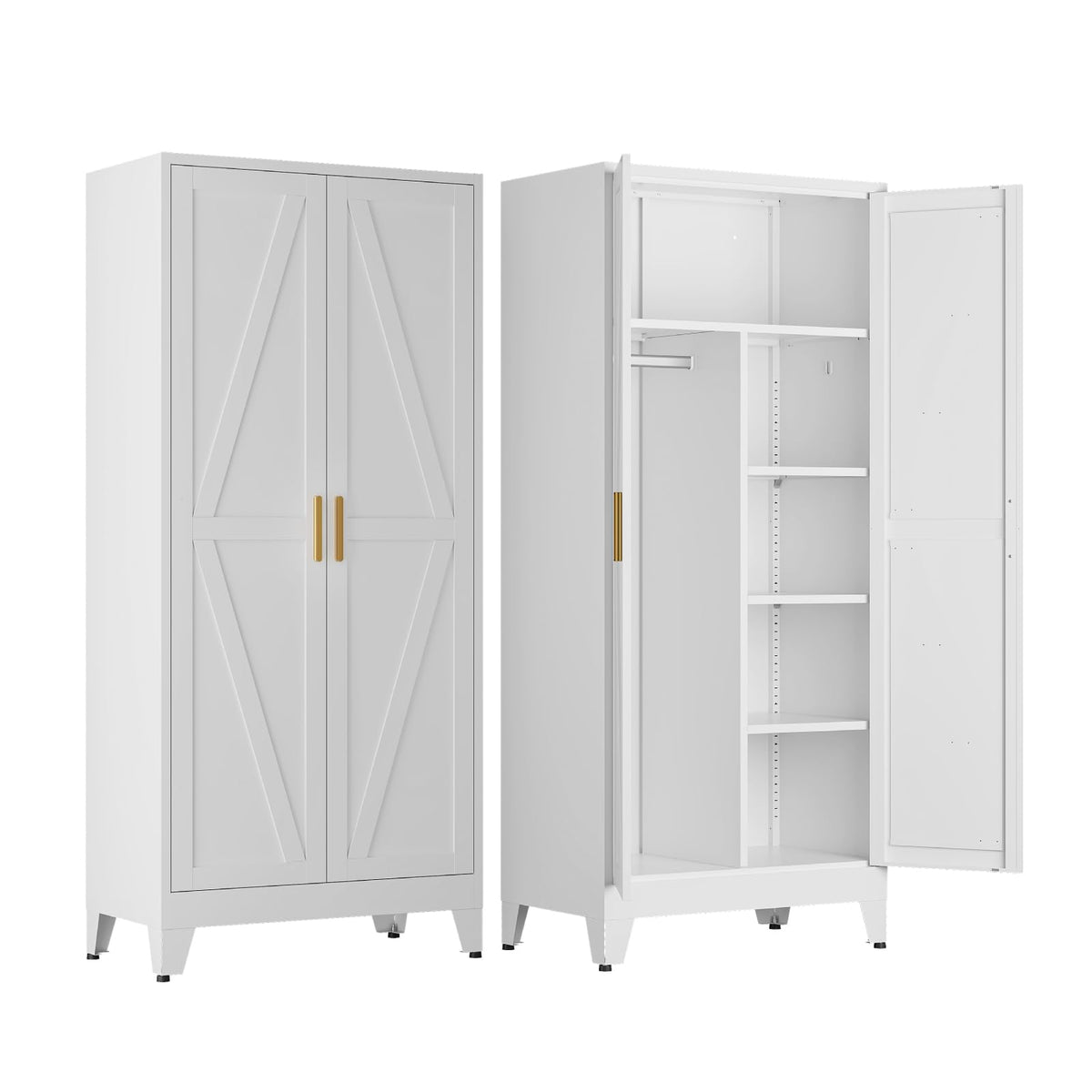 Metal Wardrobe Closet with Doors, 71'' Tall Steel Armoire with Shelves C76329