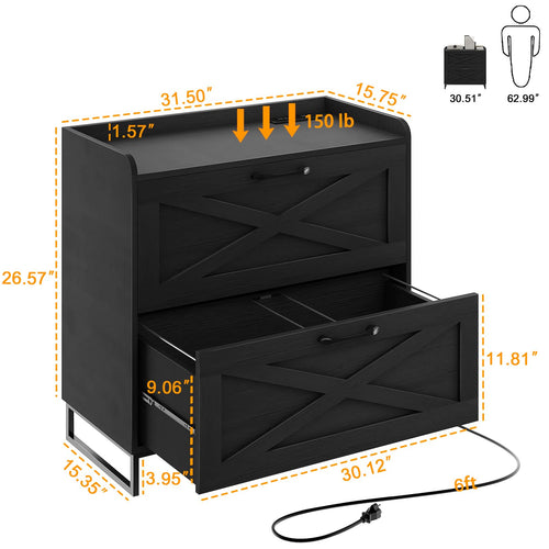 2 Drawer Black Lateral File Cabinet with Charging Station U376
