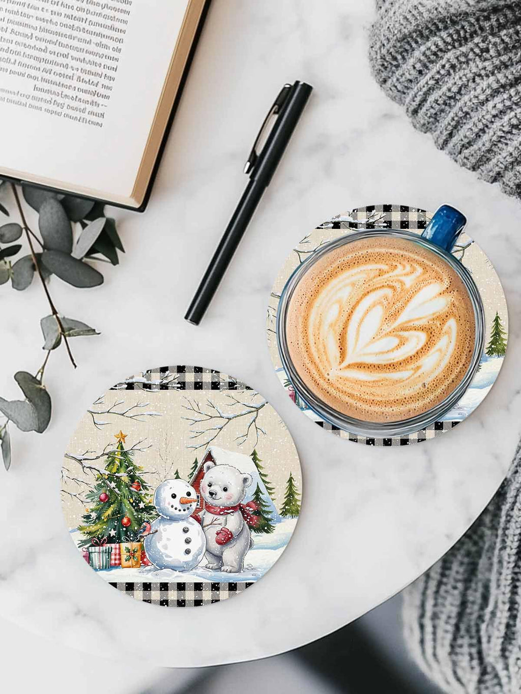 Set of 6 Christmas Coasters with Holder Absorbent Stone Ceramic G258