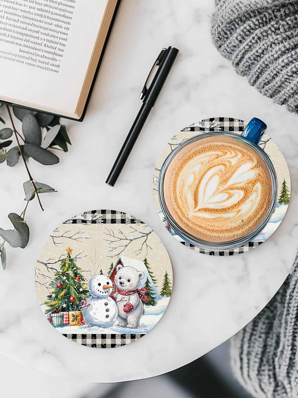 Set of 6 Christmas Coasters with Holder Absorbent Stone Ceramic G258