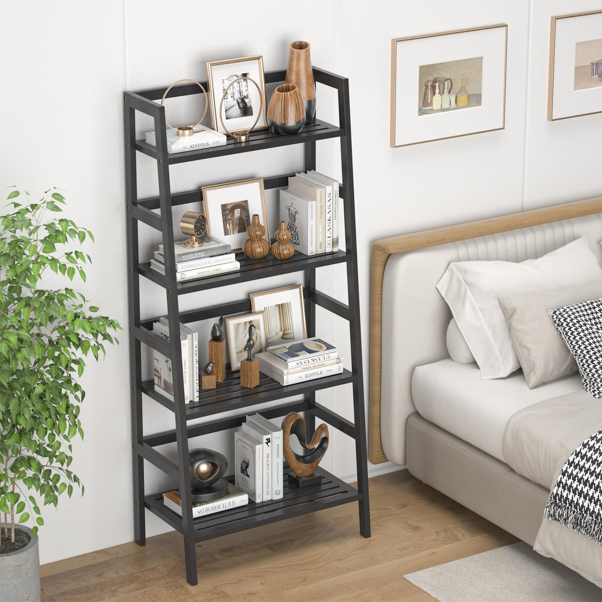 Black 4-Tier Bamboo Ladder Shelf T6168