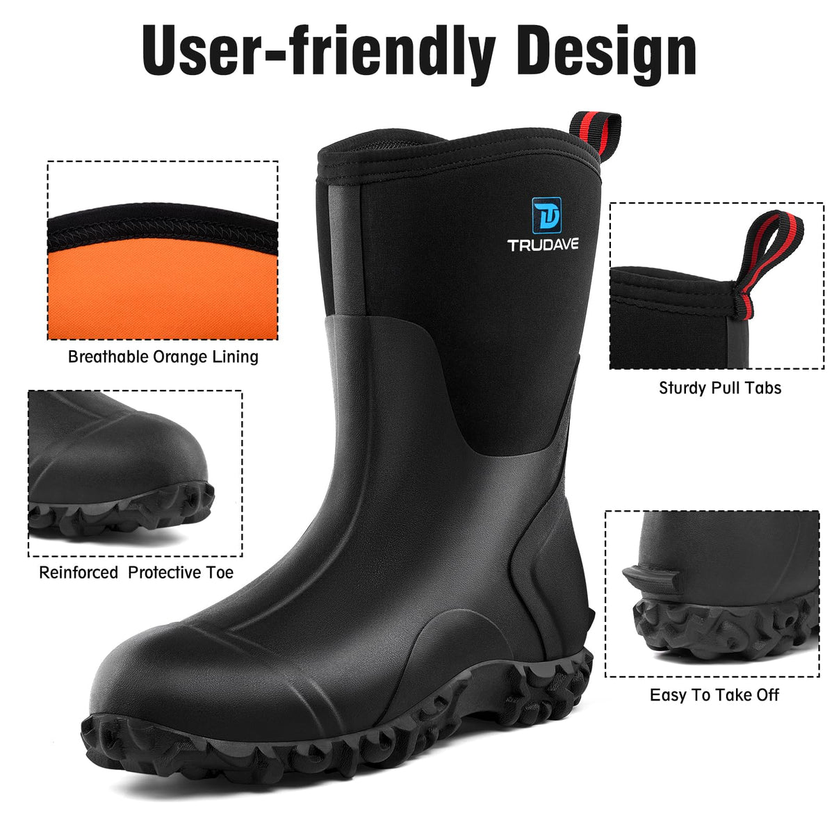 Rubber Boots with Steel Shank, 6mm Neoprene Mid Calf Rain Boots C9684