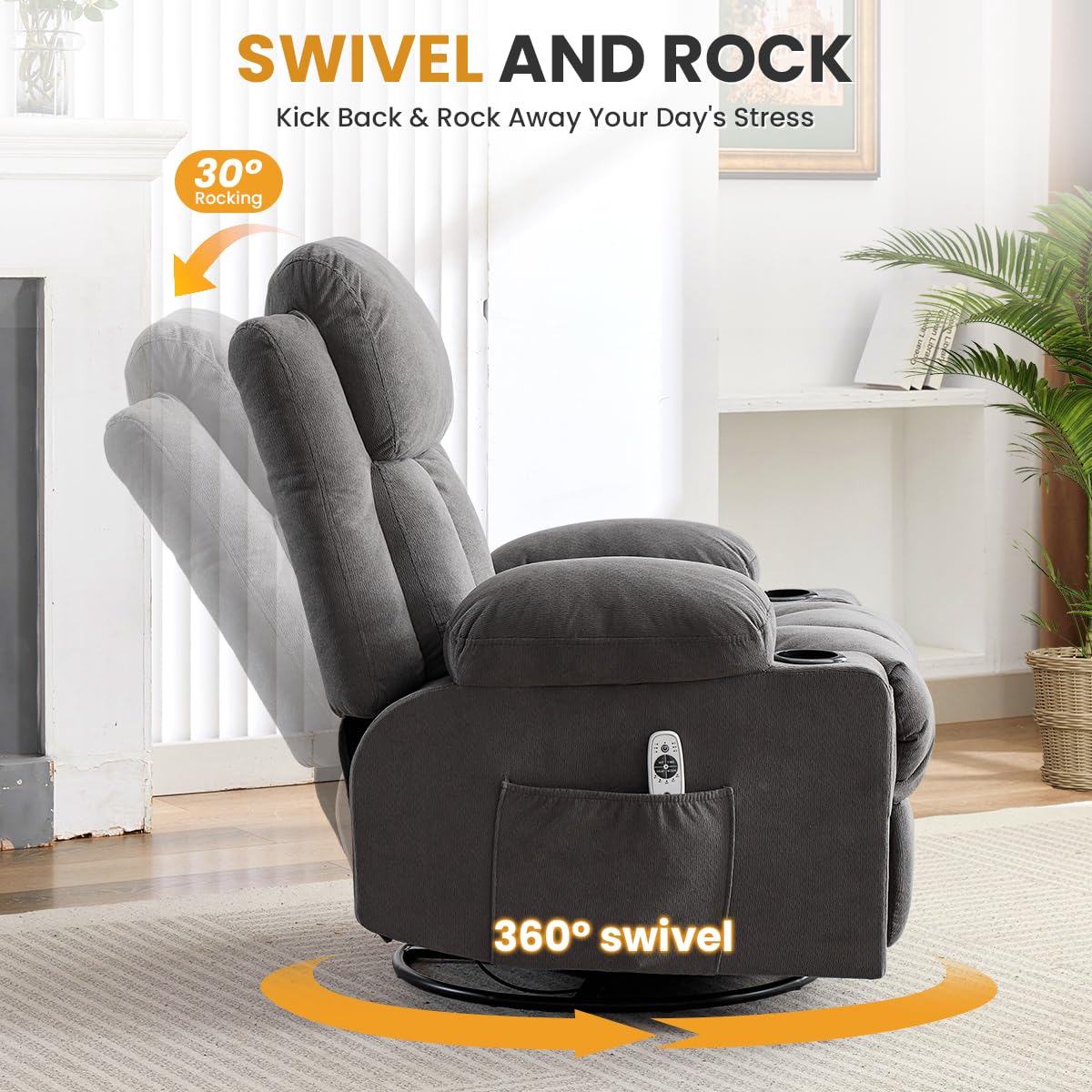 Swivel Rocker Recliner Chair with Vibration Massage & Lumbar Heating A72160