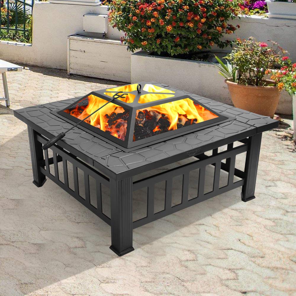 32" Metal Square Fire Pit with Charcoal Rack J2437