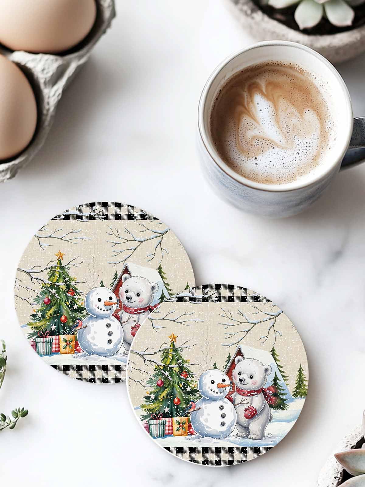 Set of 6 Christmas Coasters with Holder Absorbent Stone Ceramic G258