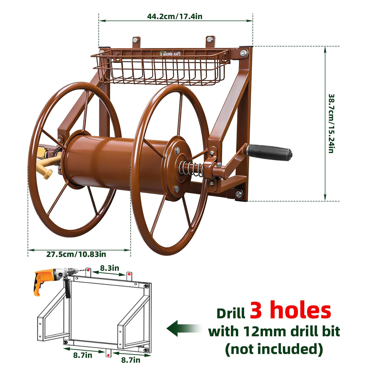 Wall Mount Metal Garden Hose Reel Holds 155ft 5/8" Hose W186