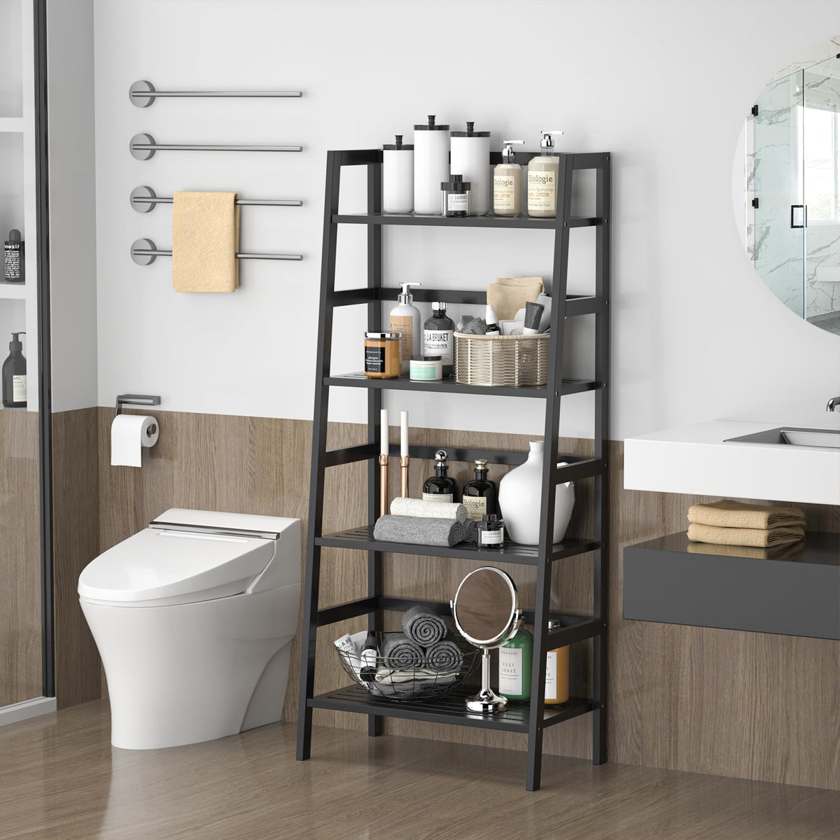 Black 4-Tier Bamboo Ladder Shelf T6168