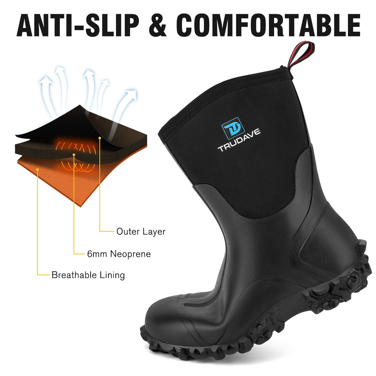 Rubber Boots with Steel Shank, 6mm Neoprene Mid Calf Rain Boots C9684