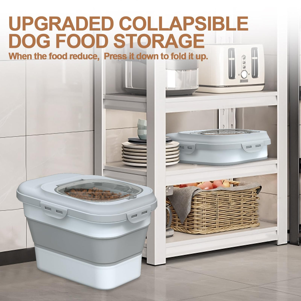 Collapsible Dog Cat Food Storage Container with Scoop Grey Q3496