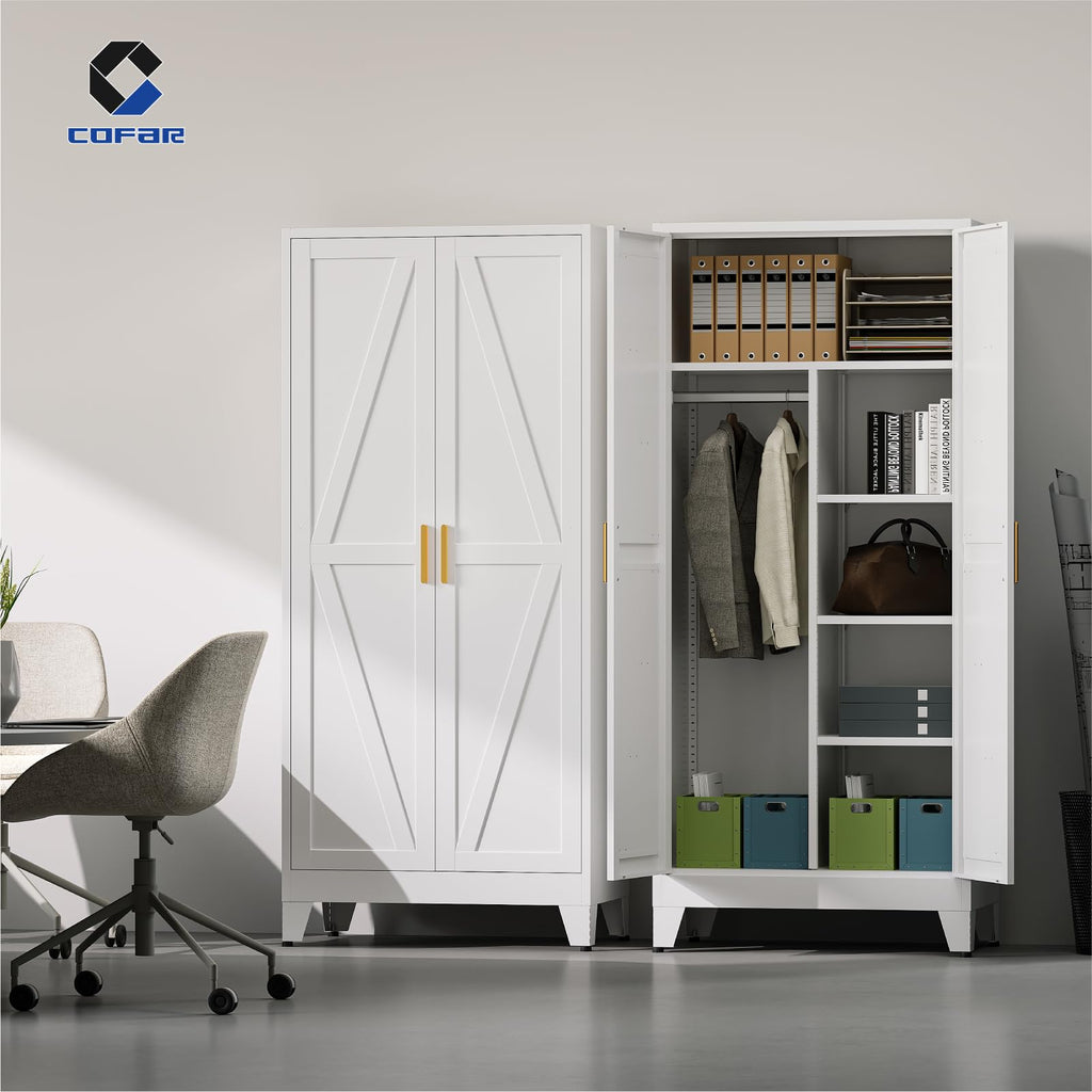 Metal Wardrobe Closet with Doors, 71'' Tall Steel Armoire with Shelves C76329
