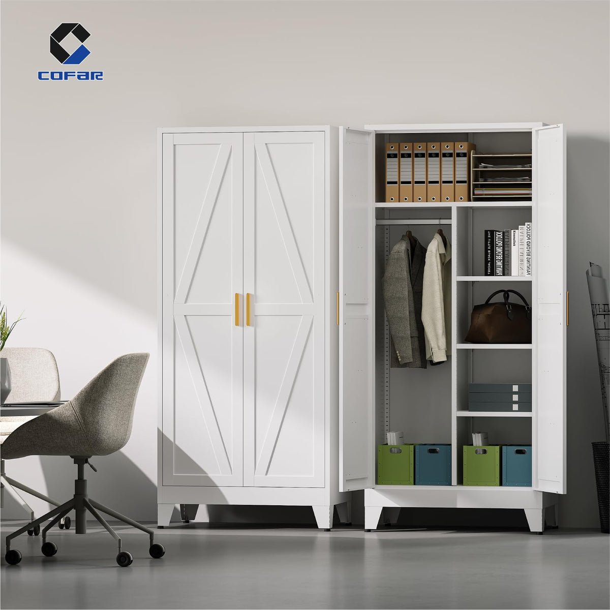 Metal Wardrobe Closet with Doors, 71'' Tall Steel Armoire with Shelves C76329