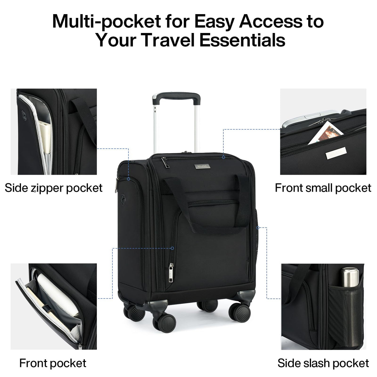 Black 16-inch Underseat Carry On Luggage with Wheels B9977