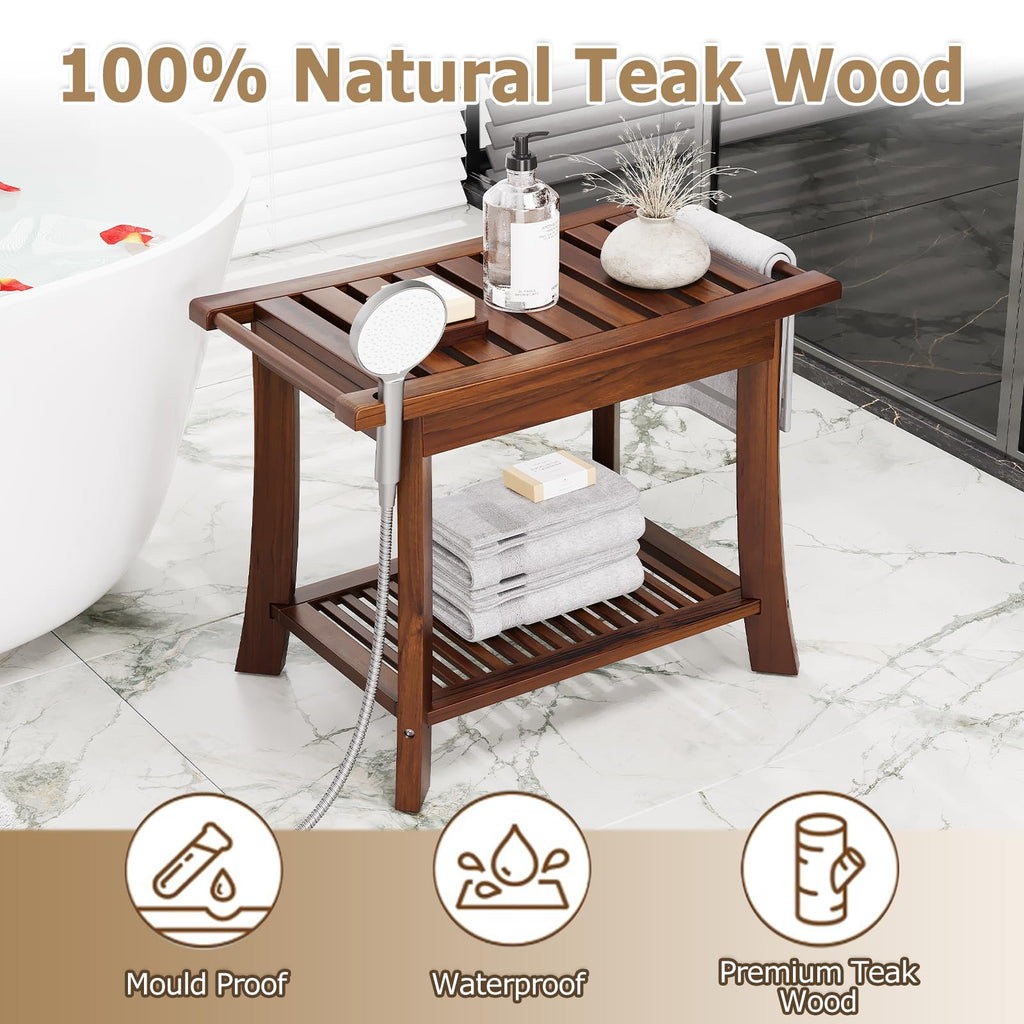23.6 Inch Teak Shower Bench with Storage Shelf R35573