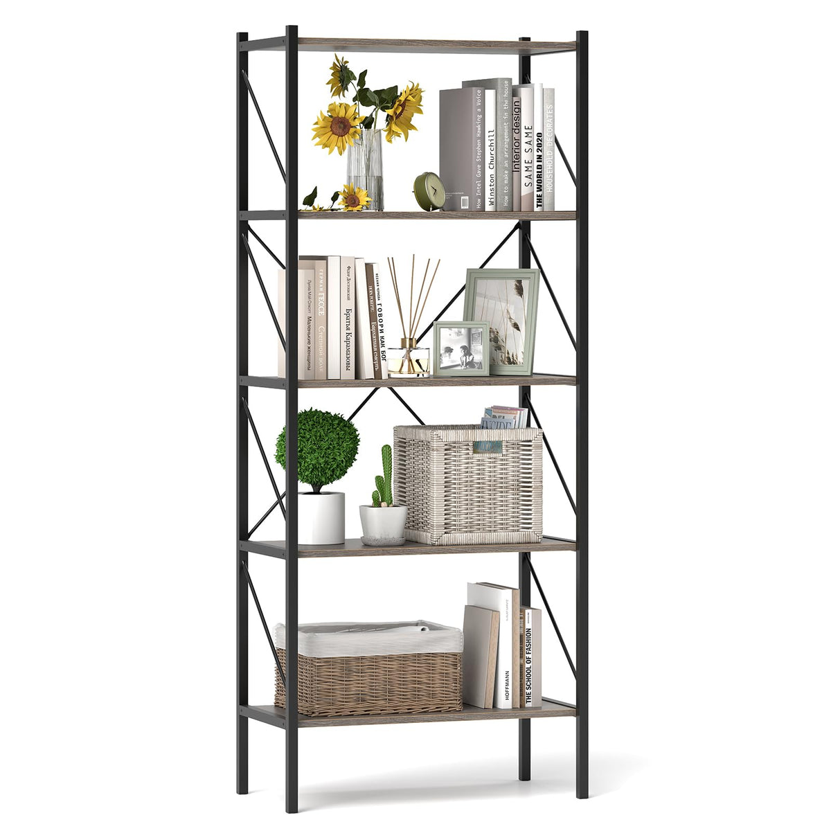 5-Tier Industrial Bookshelf with Open Storage Shelves Y277