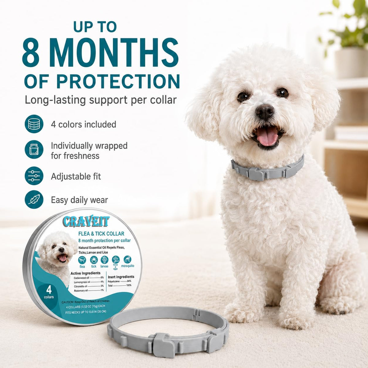 Flea and Tick Collar for Dogs, 4 Pack, Small Dogs Under 18 lbs G22063