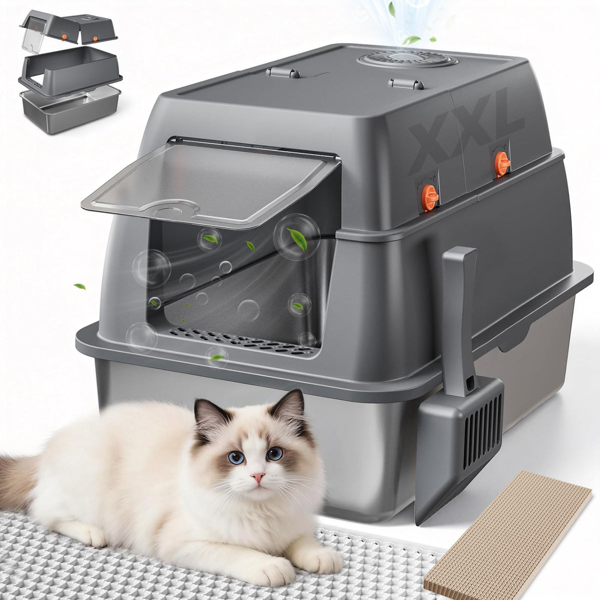 XXL Stainless Steel Enclosed Cat Litter Box with Lid, Mat & Scoop H81936