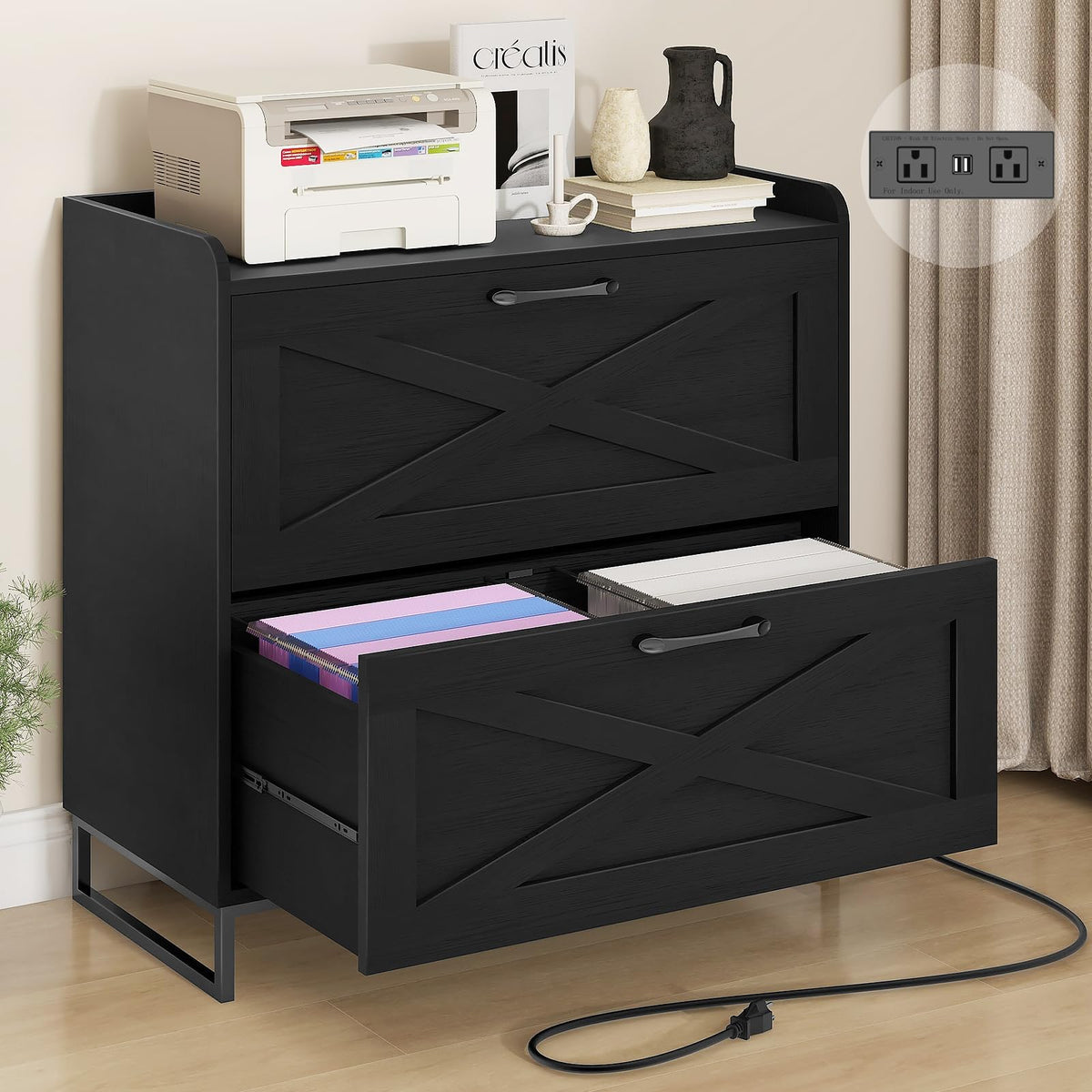 2 Drawer Black Lateral File Cabinet with Charging Station U376