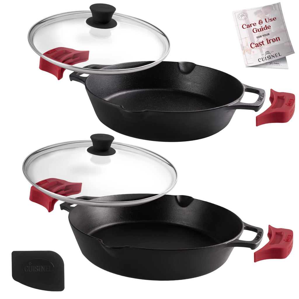 Cast Iron Skillet Set 10" + 12" Dual Handle Frying Pans with Glass Lids Pre-seasoned Oven Safe Cookware Y343161