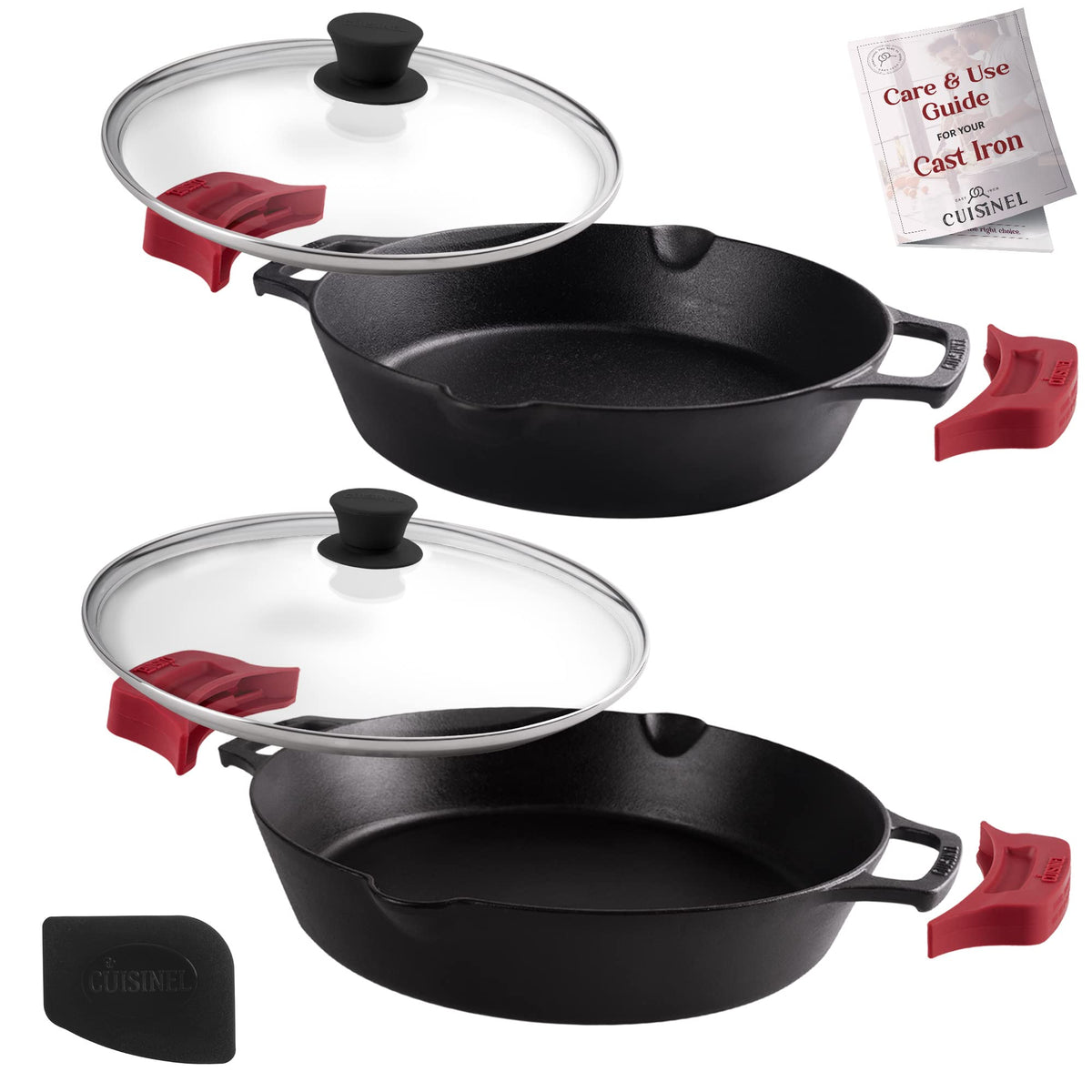 Cast Iron Skillet Set 10" + 12" Dual Handle Frying Pans with Glass Lids Pre-seasoned Oven Safe Cookware Y343161
