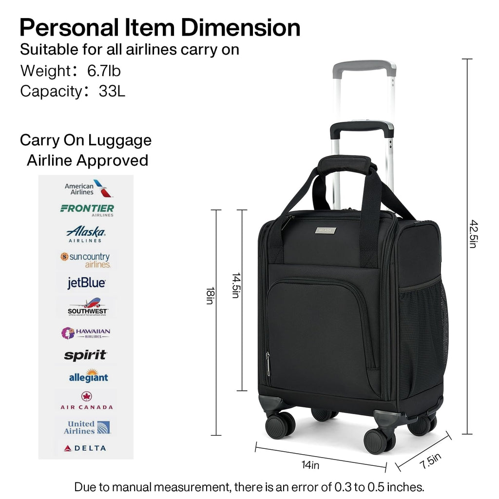 Black 16-inch Underseat Carry On Luggage with Wheels B9977