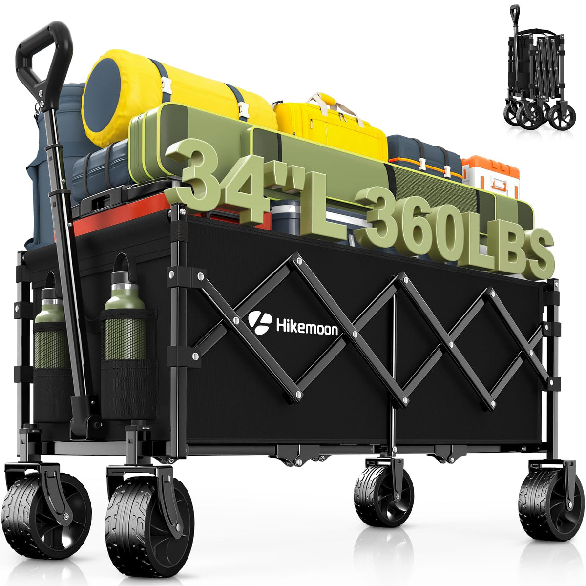 34'' Extra Long Folding Wagon Wide Wheels 120L 360LBS Black R312