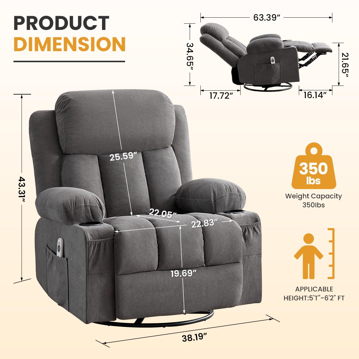 Swivel Rocker Recliner Chair with Vibration Massage & Lumbar Heating A72160
