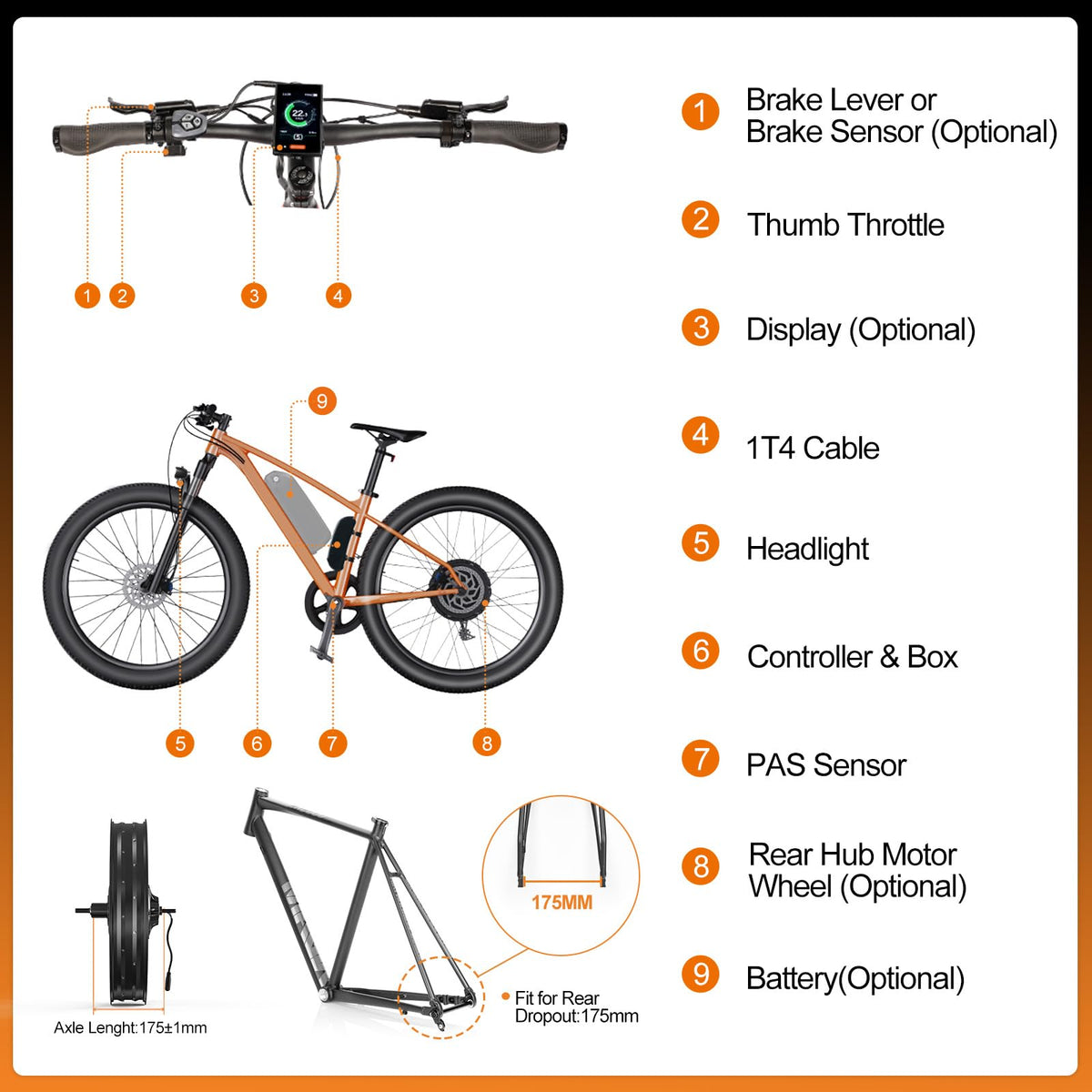48V 1000W Ebike Conversion Kit with TFT Display and Battery O303
