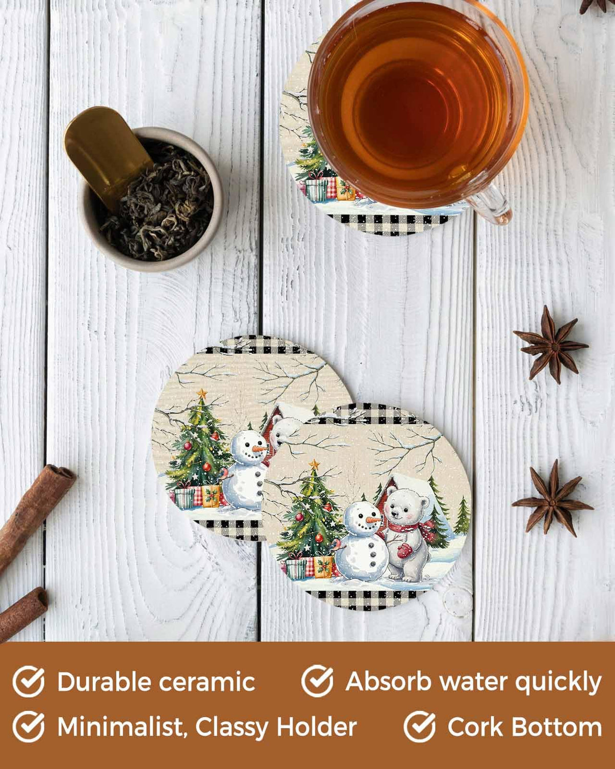 Set of 6 Christmas Coasters with Holder Absorbent Stone Ceramic G258