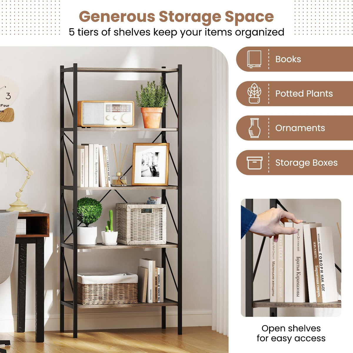 5-Tier Industrial Bookshelf with Open Storage Shelves Y277