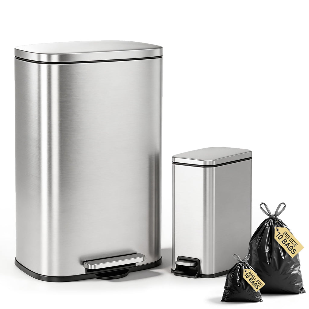 13 Gallon and 1.6 Gallon Stainless Steel Trash Can Set with Lid and Step-on Pedal N14914