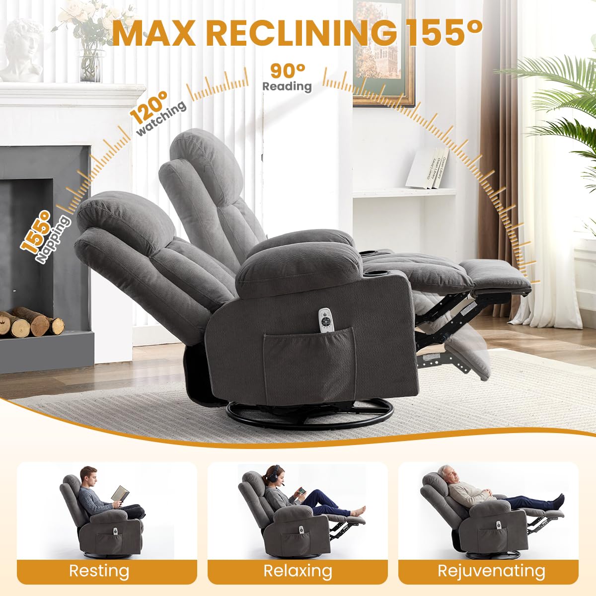 Swivel Rocker Recliner Chair with Vibration Massage & Lumbar Heating A72160