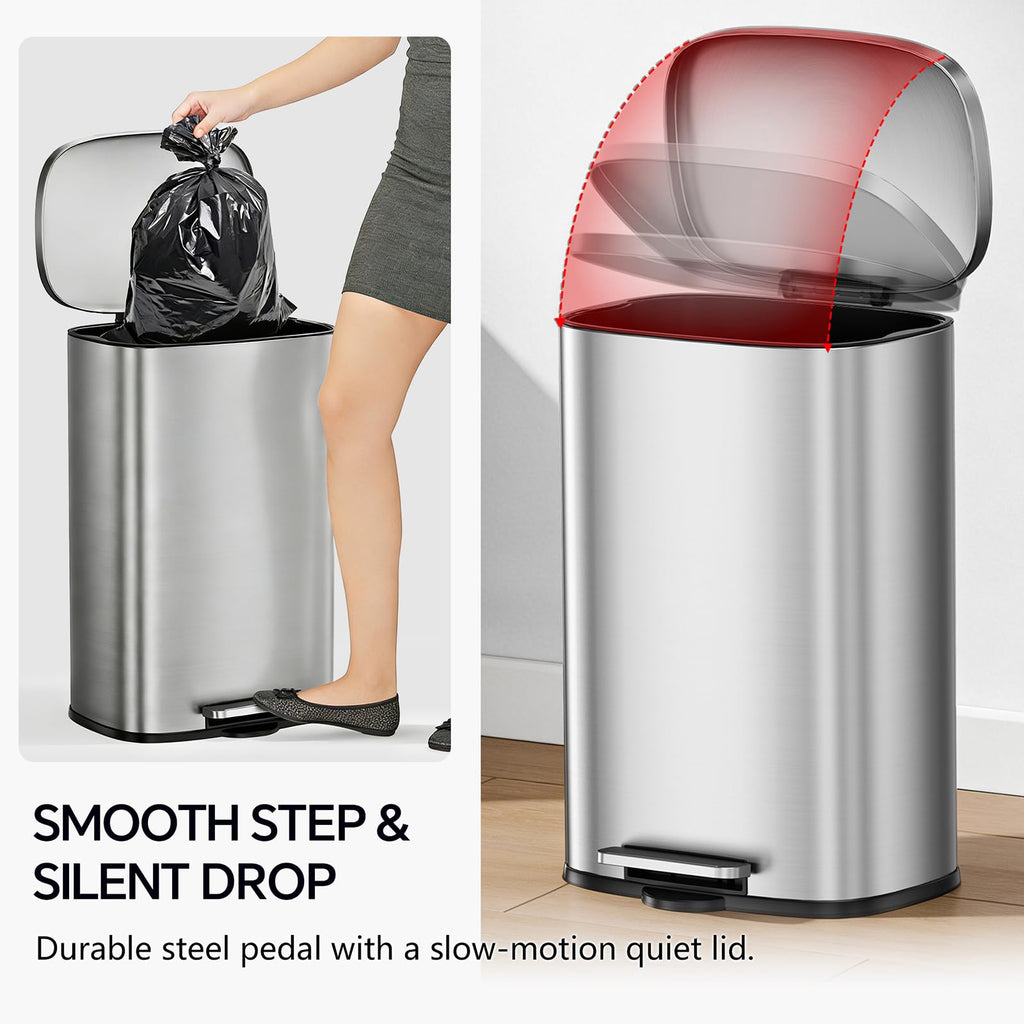 13 Gallon and 1.6 Gallon Stainless Steel Trash Can Set with Lid and Step-on Pedal N14914