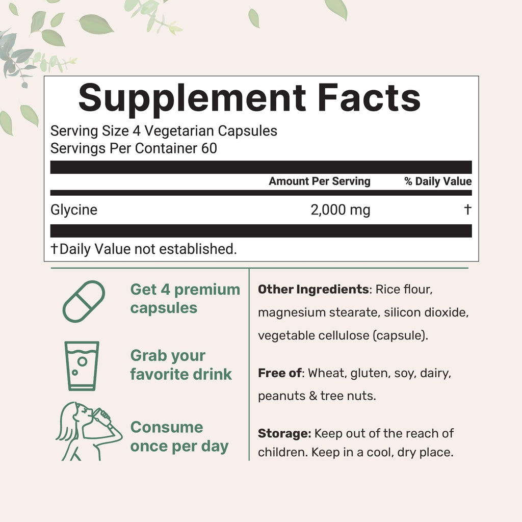 Glycine 2,000mg 240 Veggie Capsules Double Strength Amino Acids M90646
