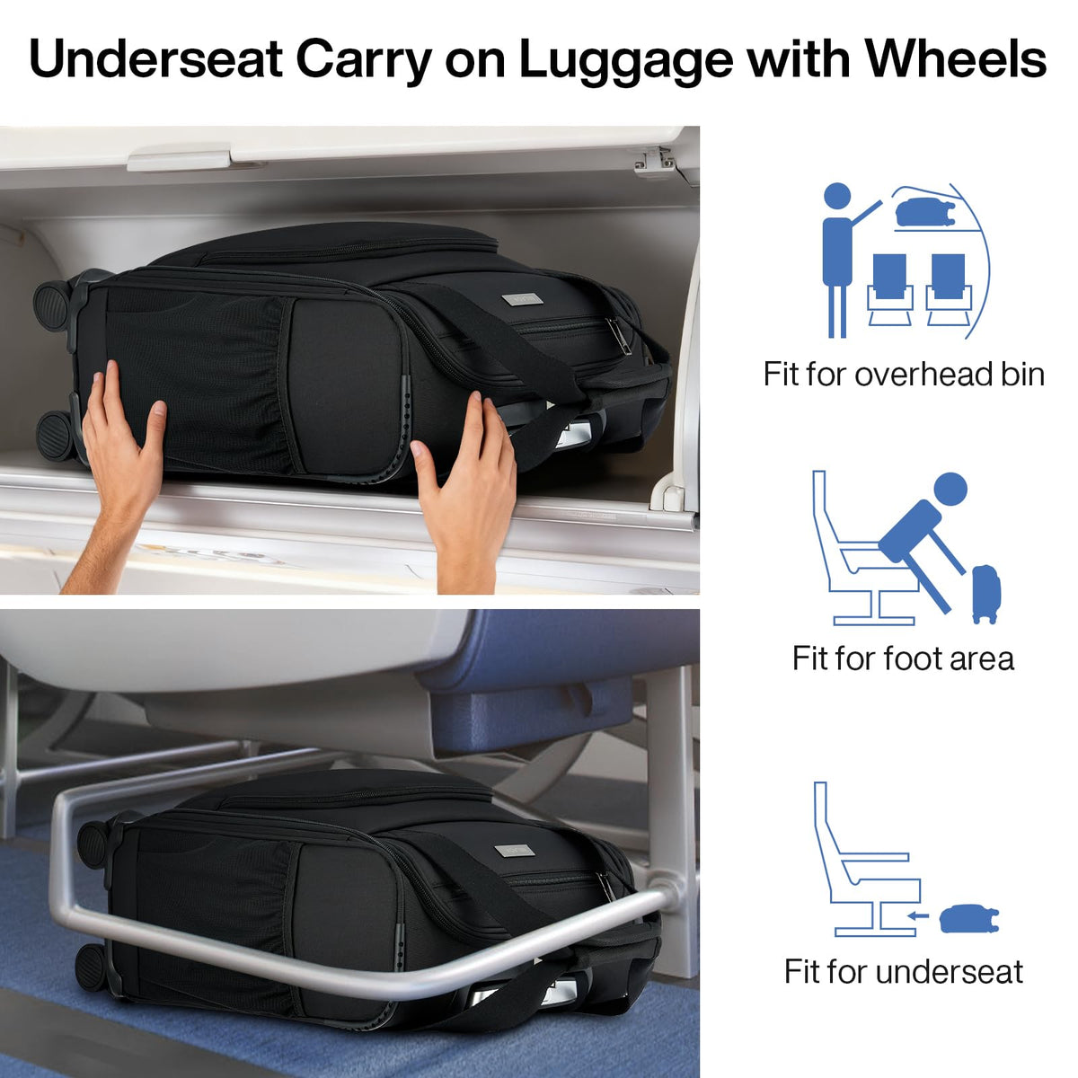 Black 16-inch Underseat Carry On Luggage with Wheels B9977