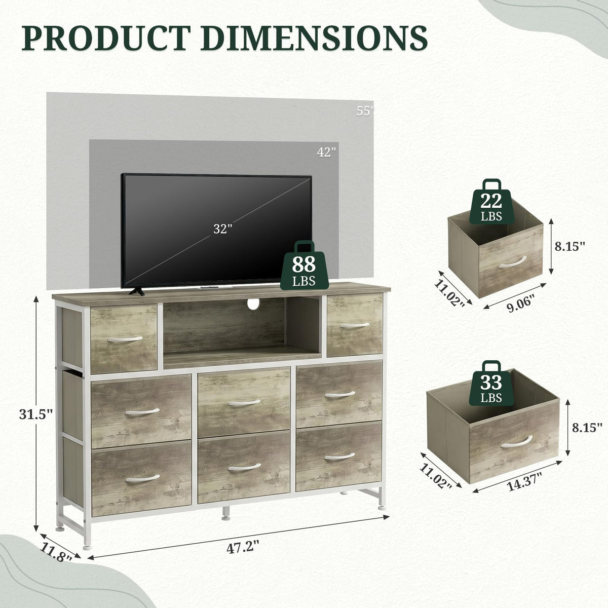 8 Drawer TV Stand with Charging Station B480
