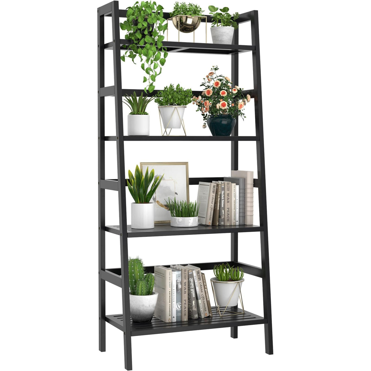 Black 4-Tier Bamboo Ladder Shelf T6168