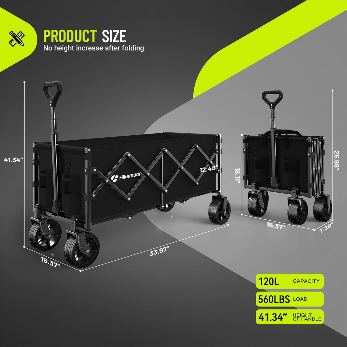34'' Extra Long Folding Wagon Wide Wheels 120L 360LBS Black R312