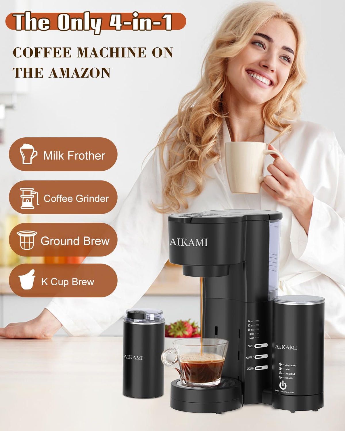 4 IN 1 Single Serve Coffee Maker with Milk Frother and Coffee Grinder U76391
