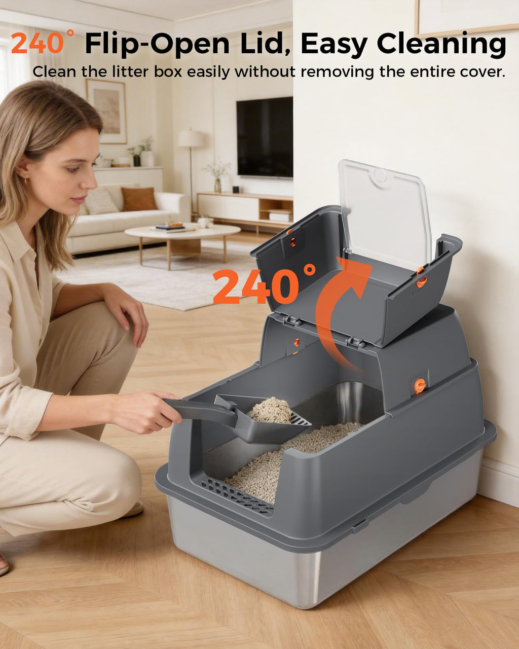 XXL Stainless Steel Enclosed Cat Litter Box with Lid, Mat & Scoop H81936