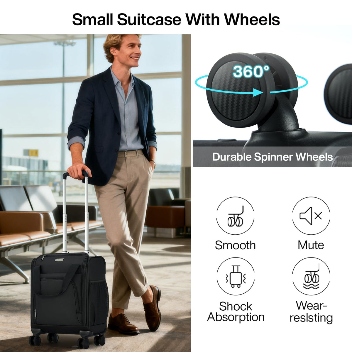 Black 16-inch Underseat Carry On Luggage with Wheels B9977