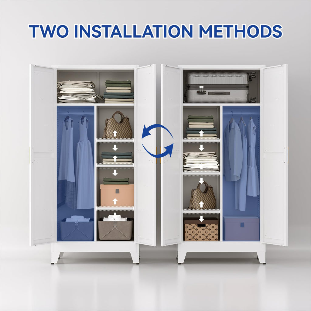 Metal Wardrobe Closet with Doors, 71'' Tall Steel Armoire with Shelves C76329