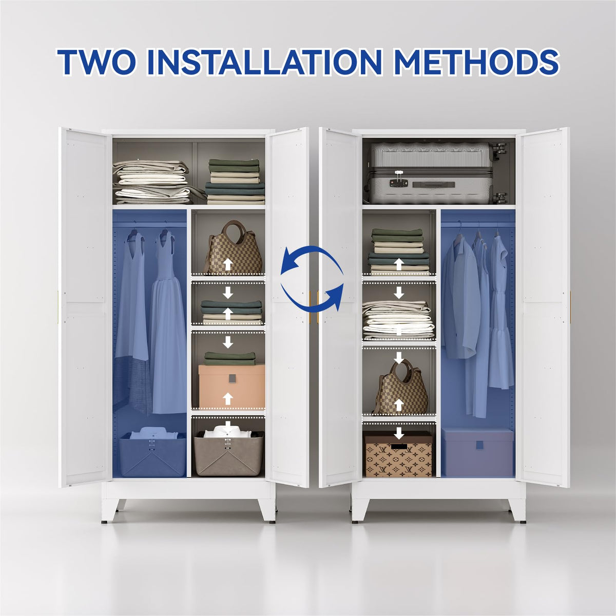 Metal Wardrobe Closet with Doors, 71'' Tall Steel Armoire with Shelves C76329